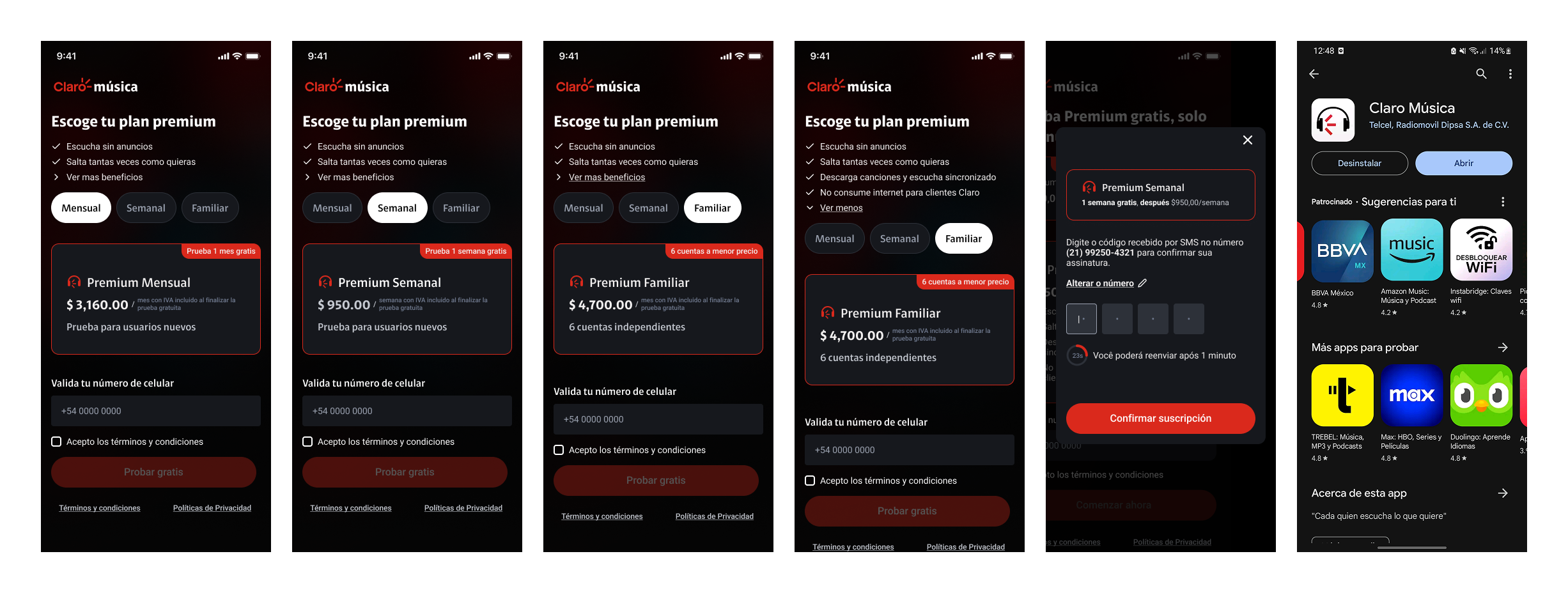 Subscription flow redesign comparison for Claro Música landing