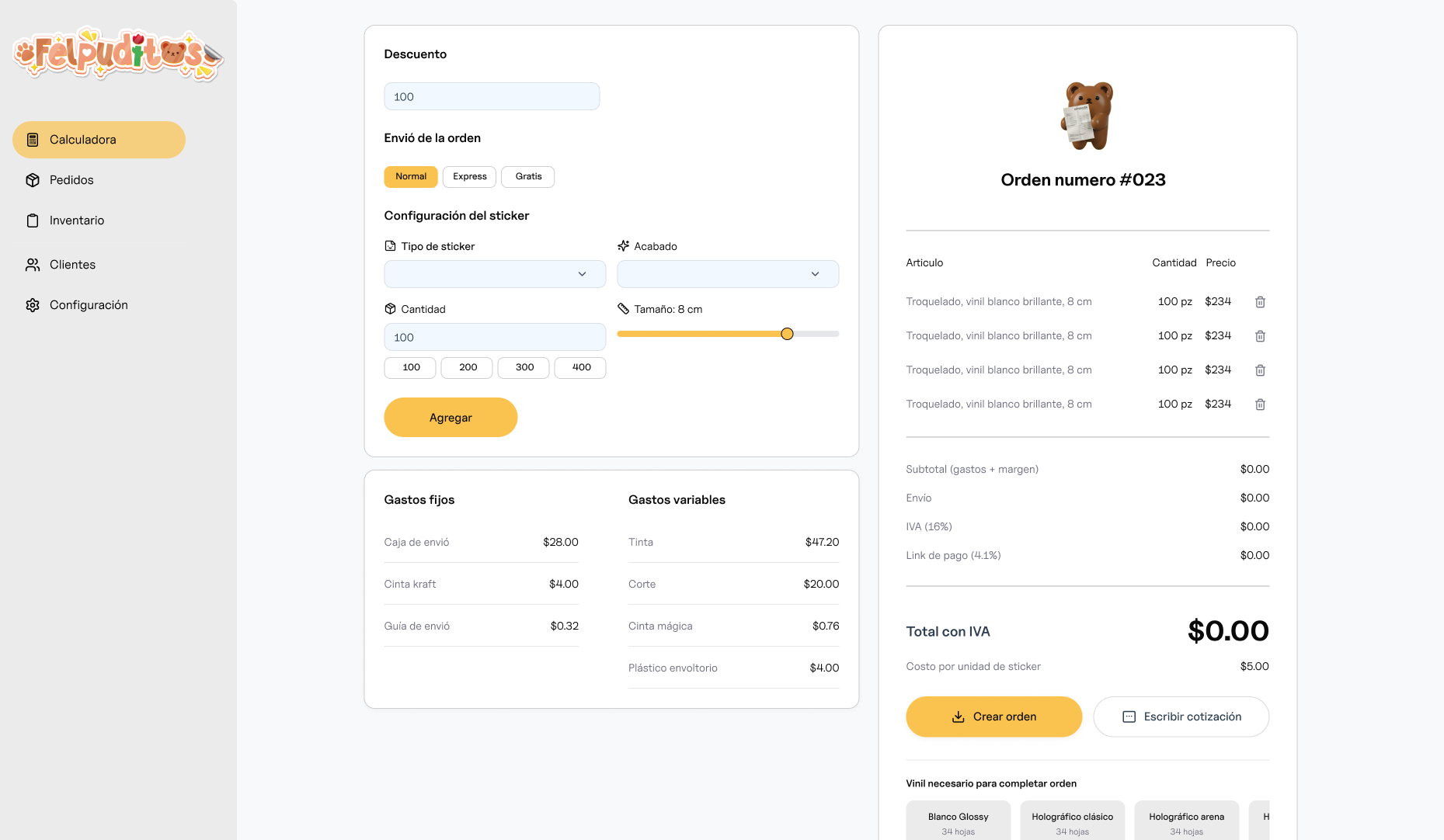 Felpuditos calculator module interface