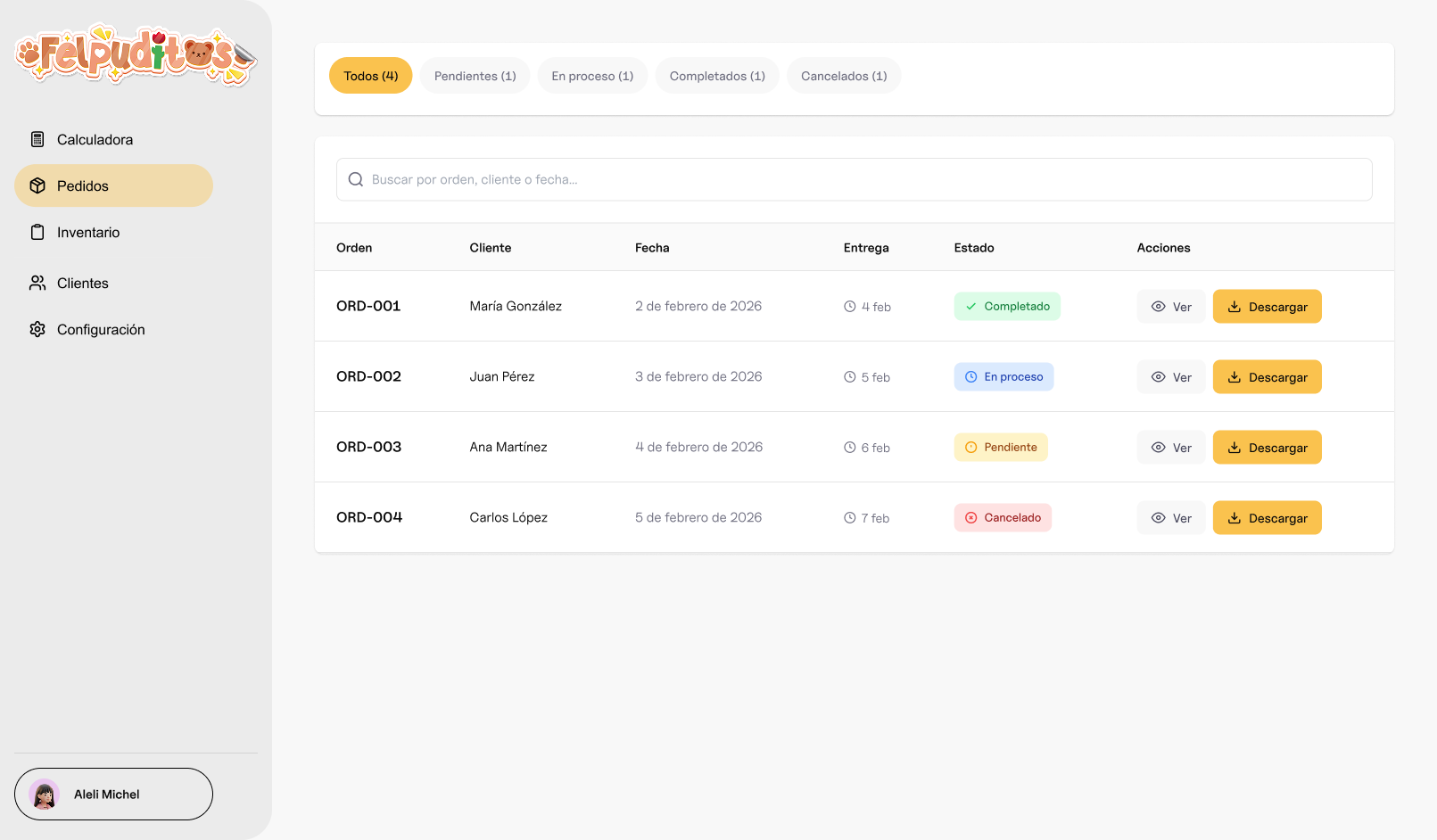Felpuditos orders module interface